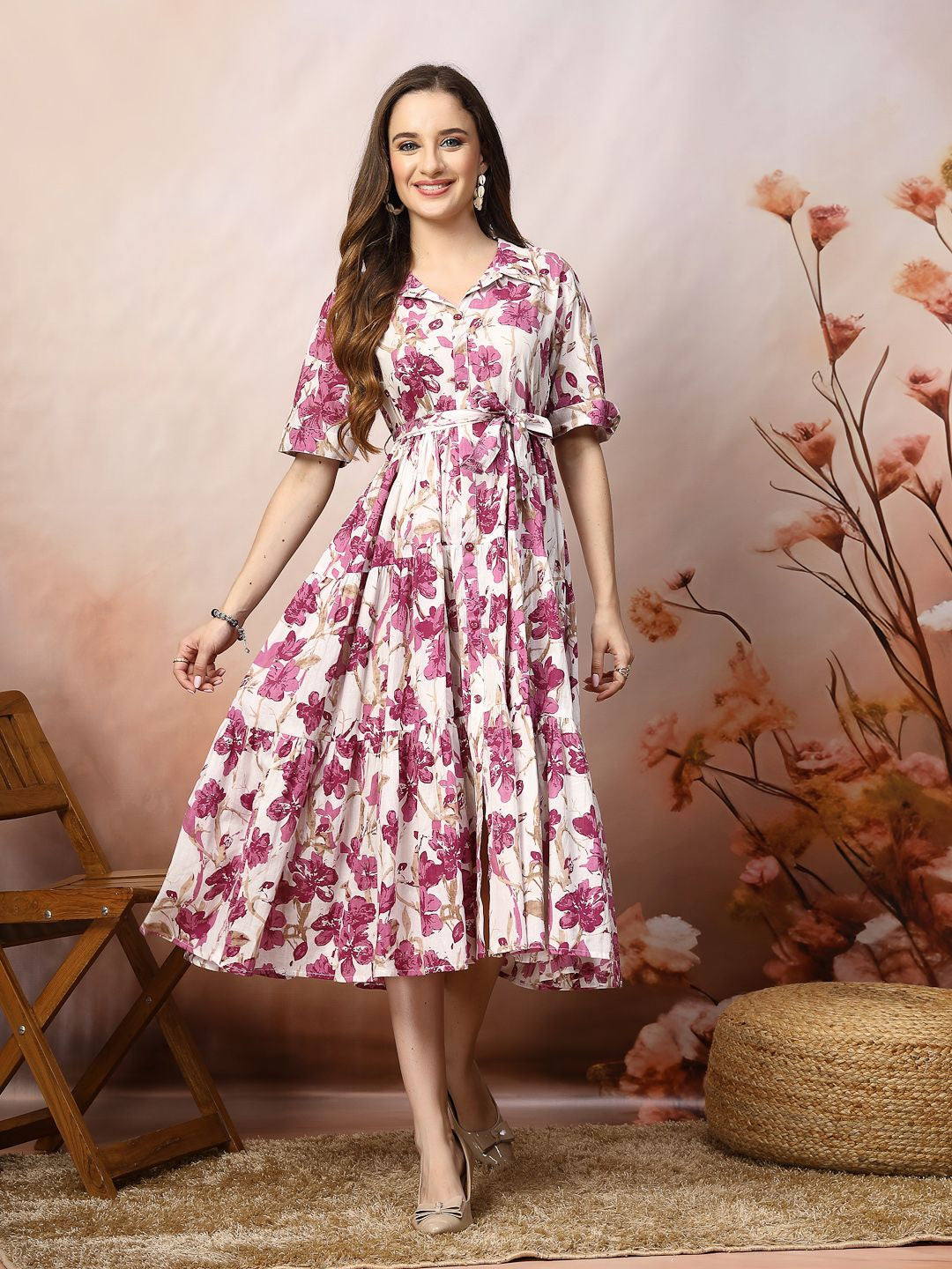 Magenta Floral Fit & Flare Cotton Maxi Dress Shirt Collar Gathered Fabforever Magenta Floral Fit & Flare Cotton Maxi Dress Shirt Collar Gathered Fabforever