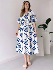 White Fit & Flare Cotton Midi Dress – V-Neck – Applique