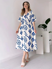 White Fit & Flare Cotton Midi Dress – V-Neck – Applique