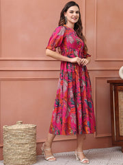 Pink Floral Print Poly Silk Fit & Flare Midi Dress – Mandarin Collar – Puff Sleeves