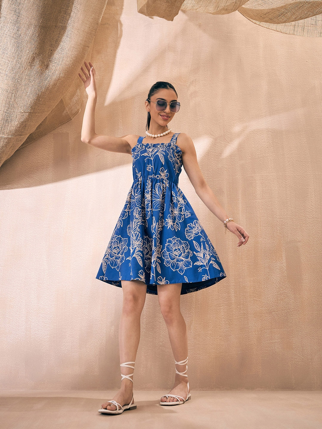 Blue Floral Printed Cotton Fit and Flare Dress Square Neck Smocked Fabforever Blue Floral Printed Cotton Fit and Flare Dress Square Neck Smocked Fabforever