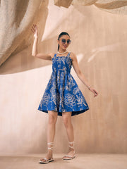 Blue Floral Printed Cotton Fit and Flare Dress – Square Neck – Smocked