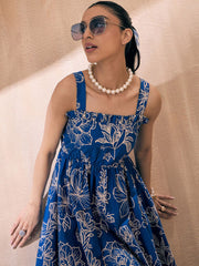 Blue Floral Printed Cotton Fit and Flare Dress – Square Neck – Smocked