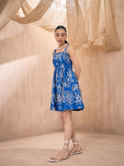 Blue Floral Printed Cotton Fit and Flare Dress – Square Neck – Smocked