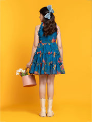Blue Fit & Flare Georgette Dress – Halter Neck – Floral Printed