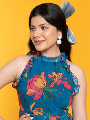 Blue Fit & Flare Georgette Dress – Halter Neck – Floral Printed