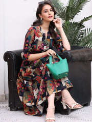 Black Abstract Print Poly Silk A-Line Dress – Mandarin Collar – Flared Hem