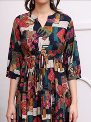 Black Abstract Print Poly Silk A-Line Dress – Mandarin Collar – Flared Hem