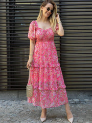 Pink Floral Fit and Flare Georgette Maxi Dress – Sweetheart Neck – Gathered Detail