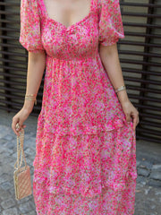 Pink Floral Fit and Flare Georgette Maxi Dress – Sweetheart Neck – Gathered Detail