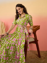 Green & Pink Floral Printed Cotton Maxi Dress – Shirt Collar – Lace Tiered