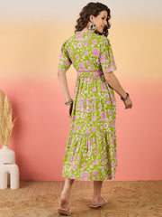 Green & Pink Floral Printed Cotton Maxi Dress – Shirt Collar – Lace Tiered