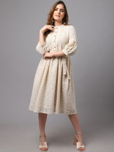 Off White Fit & Flare Cotton Midi Dress – Round Neck – Lace Inserts