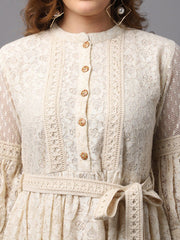 Off White Fit & Flare Cotton Midi Dress – Round Neck – Lace Inserts