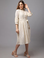 Off White Fit & Flare Cotton Midi Dress – Round Neck – Lace Inserts
