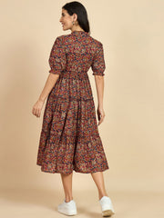 Brown Ethnic Motif Print Cotton A-Line Midi Dress – Mandarin Collar – Puff Sleeves