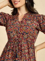 Brown Ethnic Motif Print Cotton A-Line Midi Dress – Mandarin Collar – Puff Sleeves