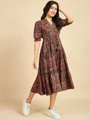 Brown Ethnic Motif Print Cotton A-Line Midi Dress – Mandarin Collar – Puff Sleeves
