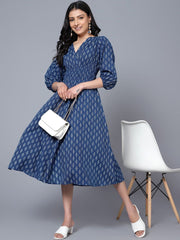 Blue Ethnic Motifs Cotton A-Line Midi Dress – V-Neck – Printed