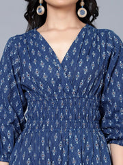 Blue Ethnic Motifs Cotton A-Line Midi Dress – V-Neck – Printed