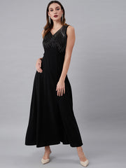 Black Maxi Polyester Dress – V-Neck – Embellished