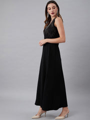 Black Maxi Polyester Dress – V-Neck – Embellished
