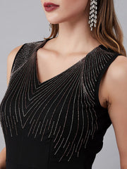 Black Maxi Polyester Dress – V-Neck – Embellished
