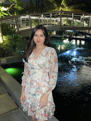 Floral A-Line Chiffon Dress – Round Neck – Frill Hem