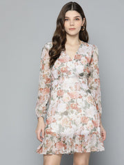 Floral A-Line Chiffon Dress – Round Neck – Frill Hem