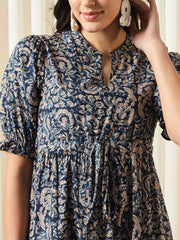 Blue Floral Print Cotton Fit and Flare Dress – Mandarin Collar – Puff Sleeves