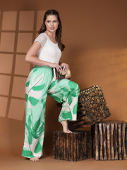 Green & White Floral Printed Viscose Rayon Palazzos – Elastic Waist – Flared
