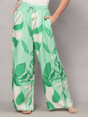 Green & White Floral Printed Viscose Rayon Palazzos – Elastic Waist – Flared