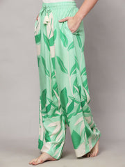 Green & White Floral Printed Viscose Rayon Palazzos – Elastic Waist – Flared