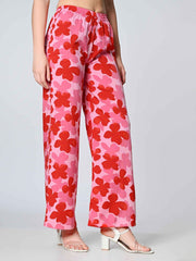 Pink & Red Floral Printed Crepe Palazzos – Elasticated Waistband – Woven