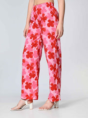 Pink & Red Floral Printed Crepe Palazzos – Elasticated Waistband – Woven