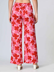 Pink & Red Floral Printed Crepe Palazzos – Elasticated Waistband – Woven