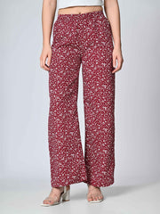 Red & White Floral Printed Crepe Palazzos – Elastic Waist – Straight Fit