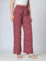 Red & White Floral Printed Crepe Palazzos – Elastic Waist – Straight Fit