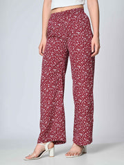 Red & White Floral Printed Crepe Palazzos – Elastic Waist – Straight Fit