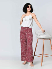 Red & White Floral Printed Crepe Palazzos – Elastic Waist – Straight Fit