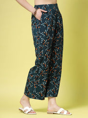 Green & Orange Floral Printed Polyester Palazzos – Wide Leg – Woven