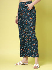 Green & Orange Floral Printed Polyester Palazzos – Wide Leg – Woven