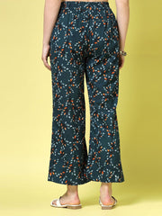 Green & Orange Floral Printed Polyester Palazzos – Wide Leg – Woven