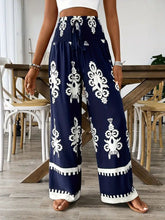Navy Blue & White Ethnic Motif Polyester Palazzos – Wide Leg – Printed