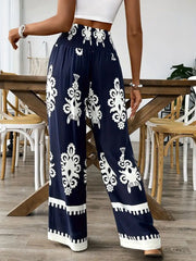 Navy Blue & White Ethnic Motif Polyester Palazzos – Wide Leg – Printed