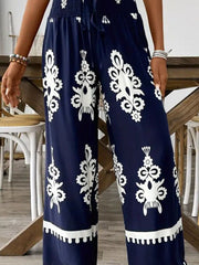 Navy Blue & White Ethnic Motif Polyester Palazzos – Wide Leg – Printed