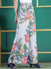 Grey Floral Printed Viscose Rayon Flared Palazzos – Slip-On – Woven