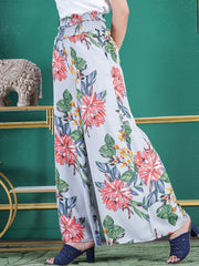 Grey Floral Printed Viscose Rayon Flared Palazzos – Slip-On – Woven