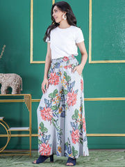 Grey Floral Printed Viscose Rayon Flared Palazzos – Slip-On – Woven