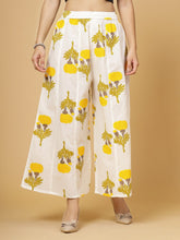 Yellow & White Floral Printed Cotton Flared Palazzos – Elasticated Waistband – Woven